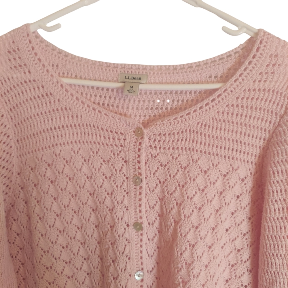 LL Bean Baby Pink Crochet 3/4 Sleeve Cardigan Linen/Cotton Size M EUC - Picture 4 of 6